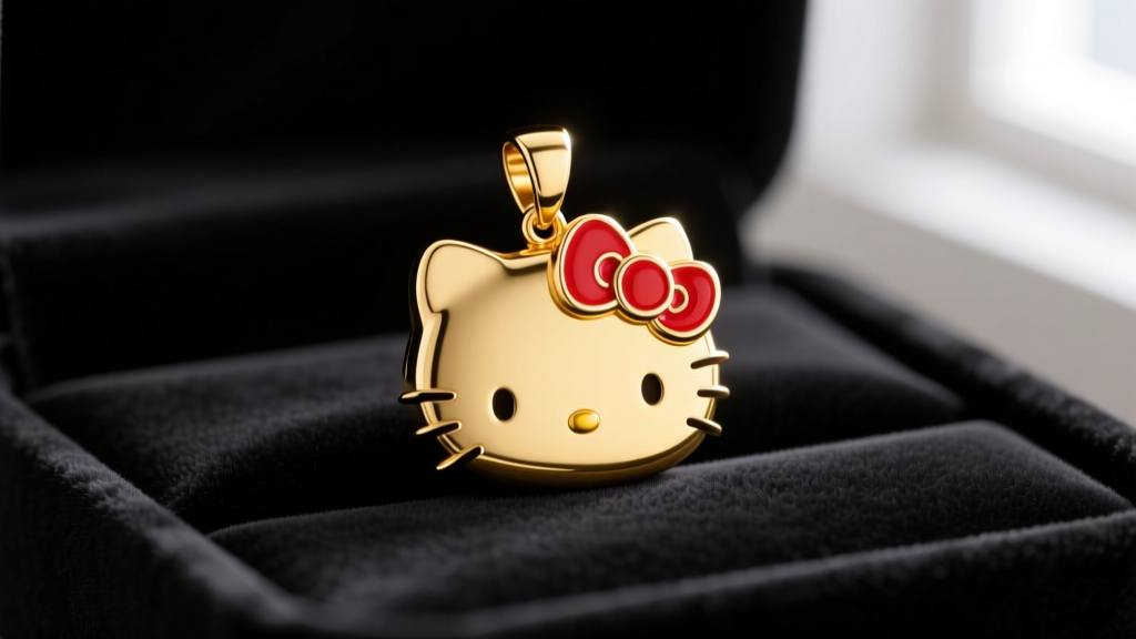 Macro shot of a 14k yellow gold Hello Kitty pendant with red enamel bow, resting on a black velvet jeweler's tray, studio lighting.