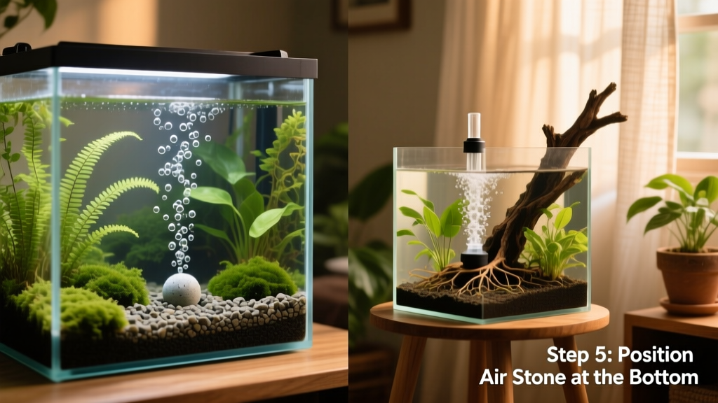 Side-by-side comparison showing proper vs. improper air stone placement in a planted aquarium