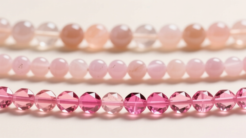 Macro shot of three morganite bead strands: opaque commercial, pastel AA, and vivid AAA peach-pink stones under soft lighting.