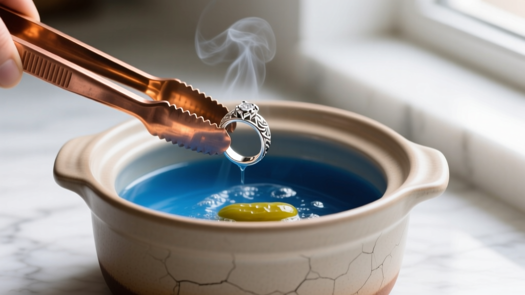 Copper tongs lifting a freshly soldered silver ring from a steaming ceramic crock pot filled with warm, blue pickle solution.