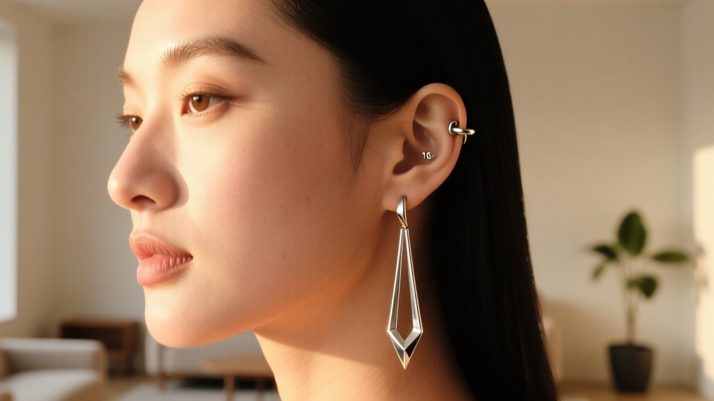 Close-up profile of a woman with a round face wearing elongated drop earrings and a delicate 16-gauge titanium helix hoop