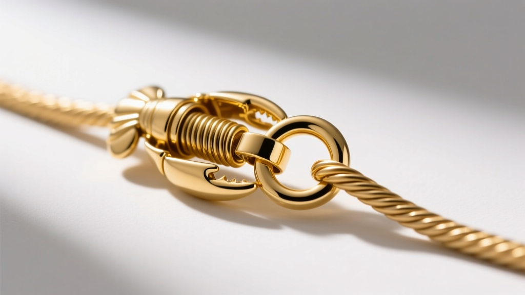 Macro shot of a 14k yellow gold lobster clasp on a 17-inch cable chain, showing the spring mechanism and jump ring detail.