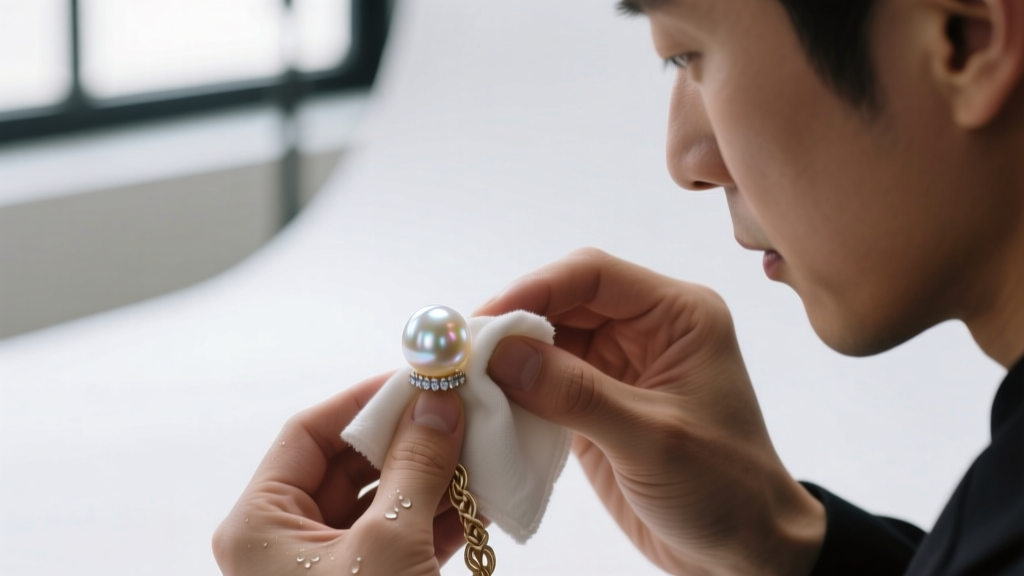 Jeweler wiping a single akoya pearl with a damp microfiber cloth, avoiding the delicate silk knot, under bright studio lighting.