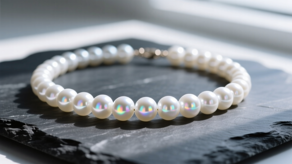 Macro shot of a white fresh water pearl necklace on dark slate, highlighting mirror-like reflections and flawless nacre.