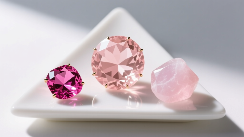 Macro shot of three pink gems: pale peach morganite, vivid pink sapphire, and cloudy rose quartz on a white ceramic mat