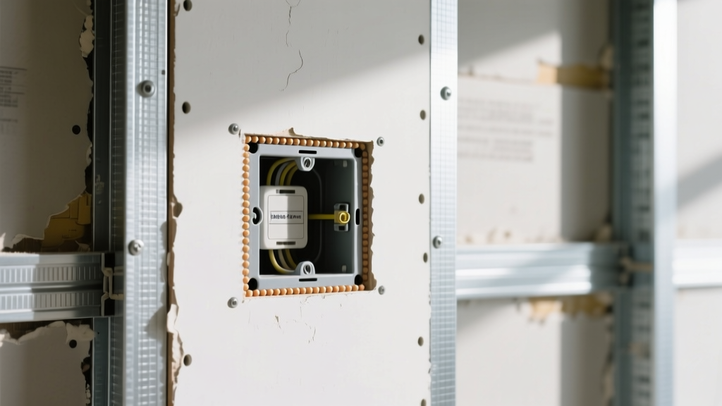 Close-up of 5/8-inch Type X fire-rated gypsum board on metal studs with intumescent sealant around an electrical box