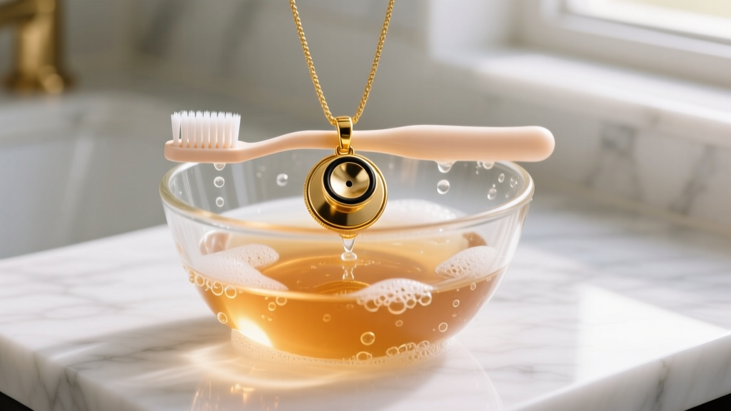 Soft baby toothbrush gently scrubbing a gold stethoscope pendant in a glass bowl of warm soapy water on a clean marble countertop.