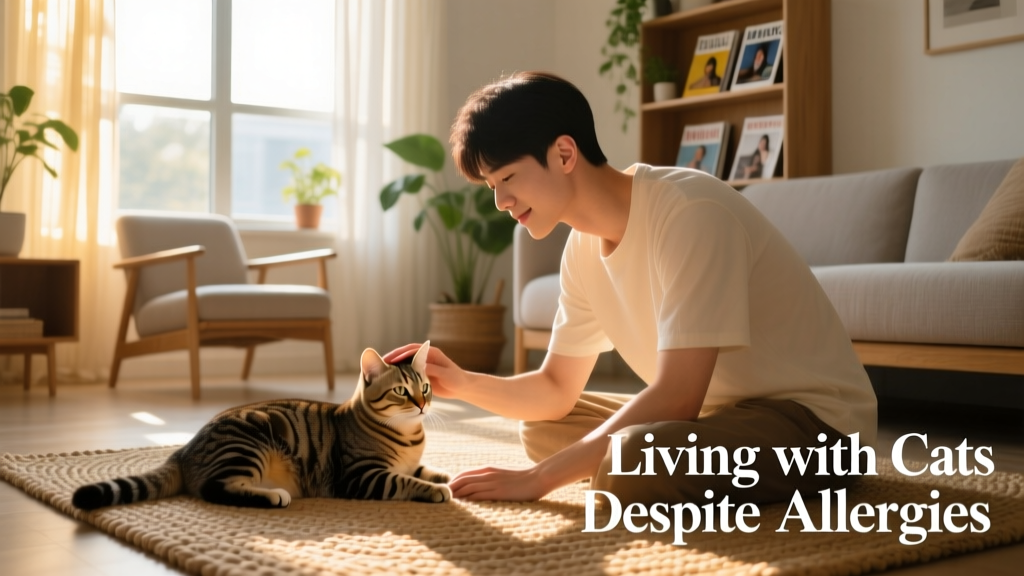 Person gently petting a calm, short-haired cat in a sunlit living room