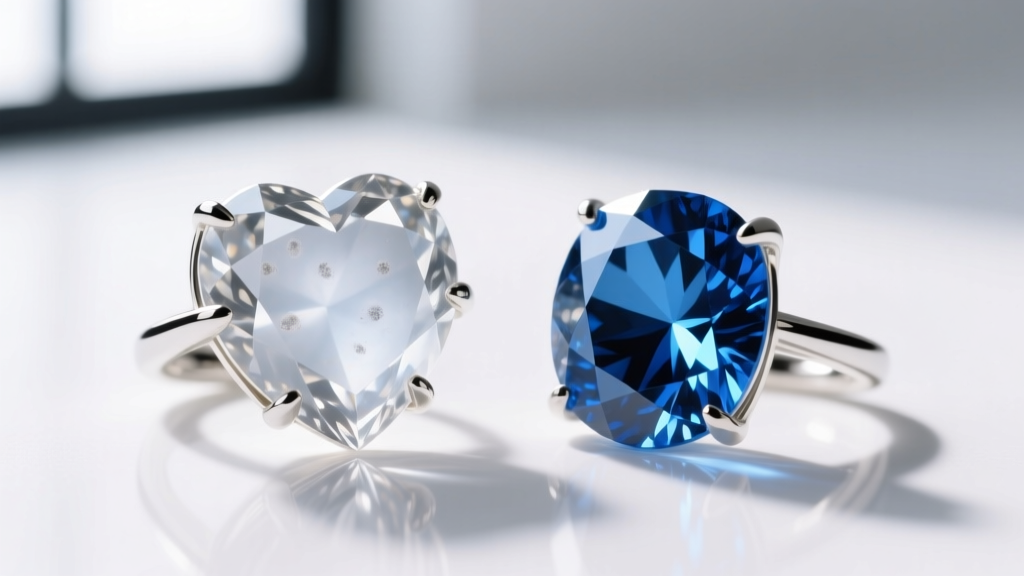 Macro comparison of a cloudy cubic zirconia heart stone beside a brilliant lab-created blue sapphire in white gold prong settings