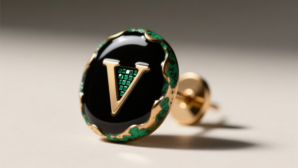 Macro shot of black enamel and brass slogan stud earring, showing micro-chips in the fill and green oxidation on the brass edges.