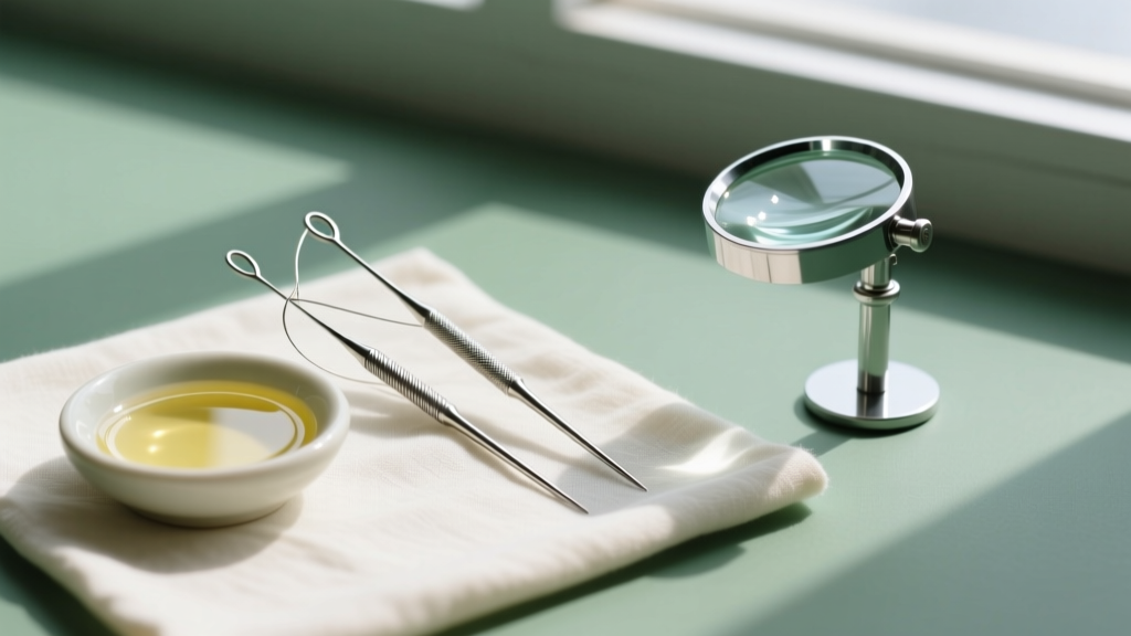 Flat lay of untangling tools: two fine sewing needles, small dish of baby oil, and a 10x jeweler