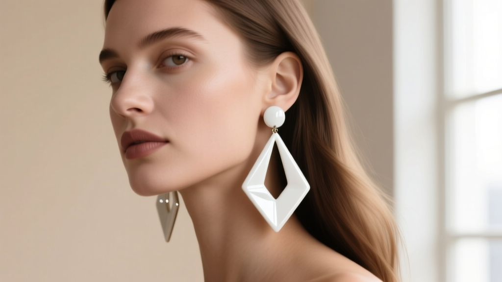 Model wearing large white enamel geometric drop earrings, soft light highlighting the glossy finish against a beige backdrop.