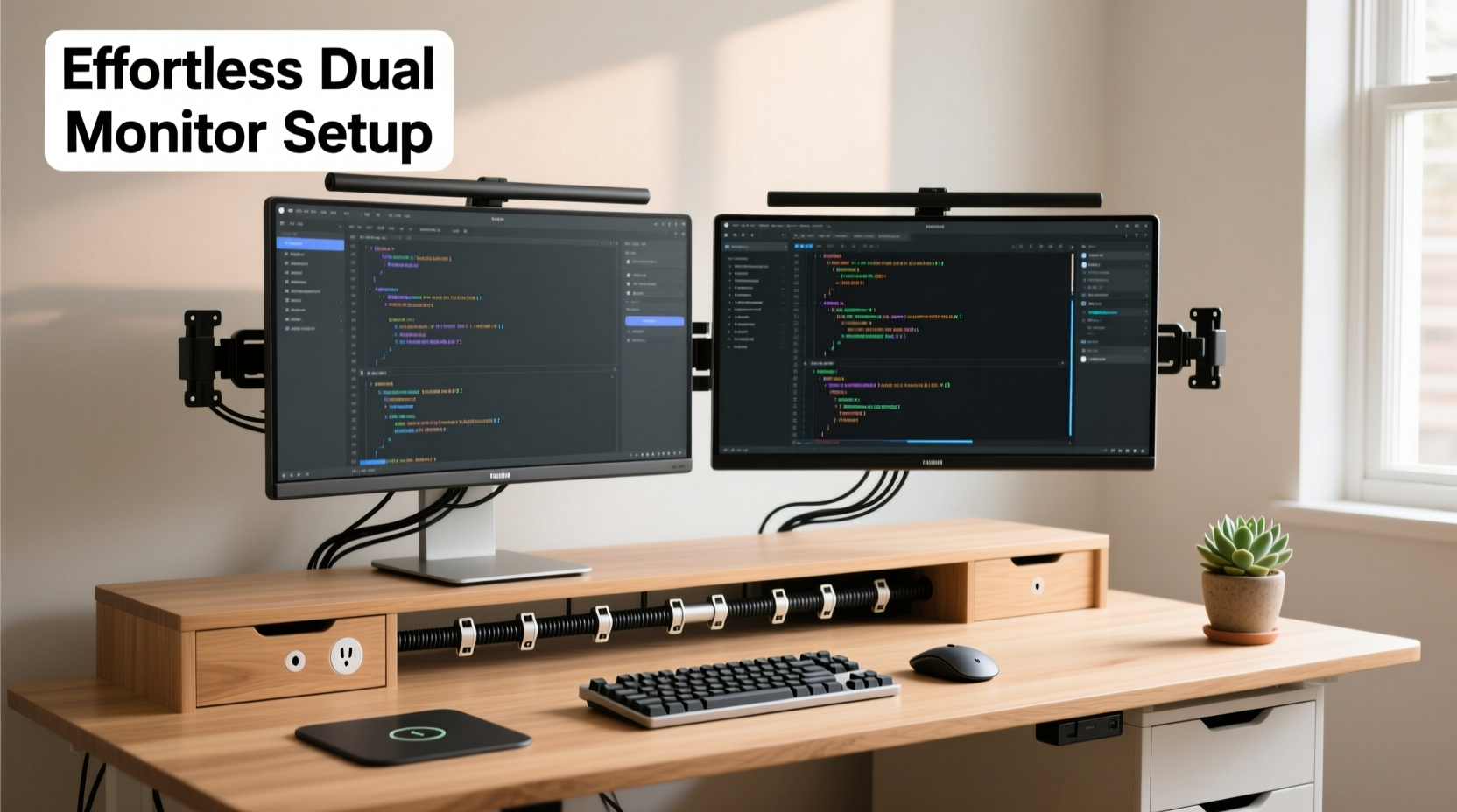 how to set up a dual monitor workstation without cluttering your desk space