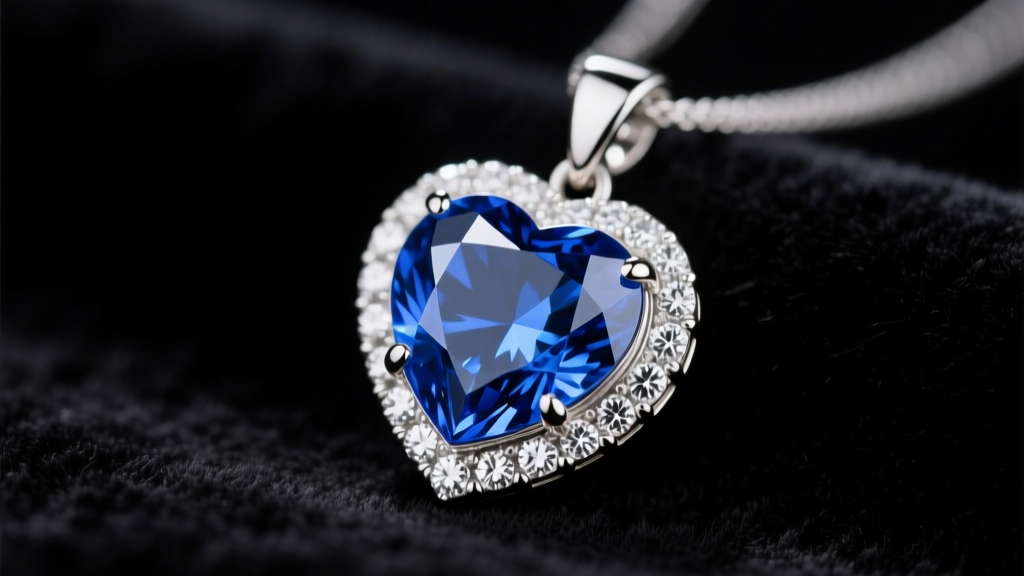 Close-up of a 1.5-carat natural cornflower blue sapphire heart pendant in 18k white gold with diamond halo on dark velvet.