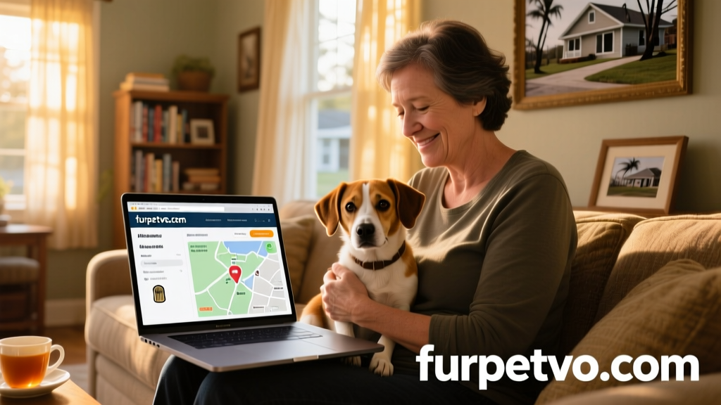 A person checking their pet's microchip registration online via furpetvo.com on a laptop