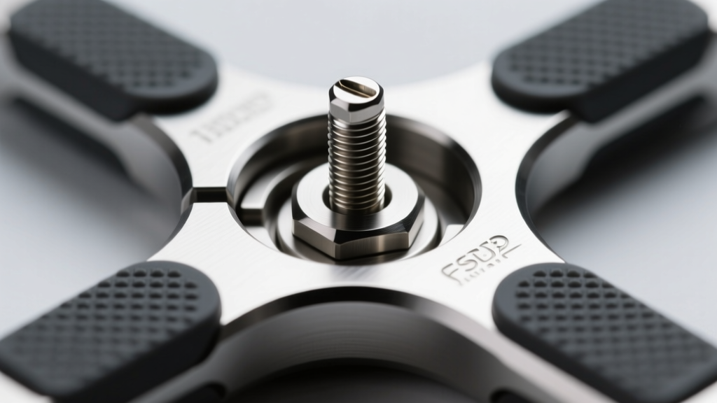 Macro photo of an implant-grade titanium clover clamp mechanism showing the adjustable set screw and textured silicone grip pads
