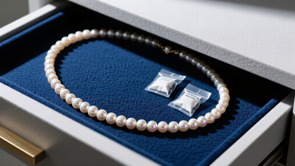 Jewelry drawer showing a 16-inch pearl necklace laid flat on an anti-tarnish felt insert next to small silica gel packets.