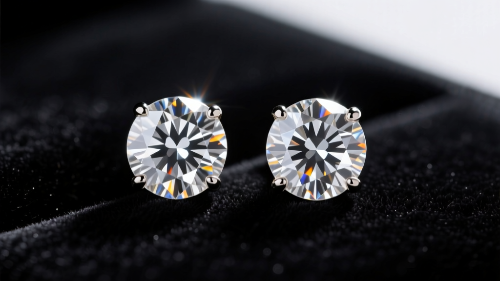 Macro shot of a matched pair of round brilliant two carat total weight diamond stud earrings resting on dark velvet