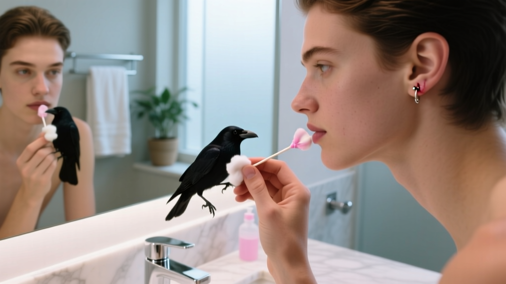 Person gently cleaning a rook piercing with a sterile saline soaked cotton swab while looking into a well-lit bathroom mirror