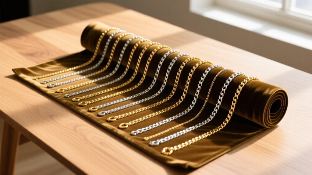 Velvet jewelry roll holding 18-inch gold and platinum chains, warm studio lighting, top-down view on a light oak table surface