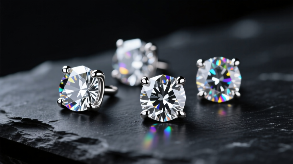 Macro shot of brilliant-cut cubic zirconia studs in rhodium-plated sterling silver on dark slate under bright studio lighting