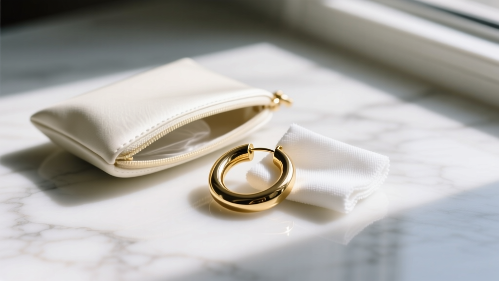Hands wiping a designer hoop earring with a microfiber cloth beside an anti-tarnish storage pouch on a white marble surface