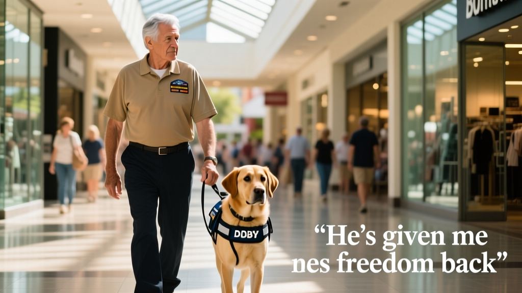 Paul and Dobby walking confidently through a busy shopping center, Dobby wearing his service vest
