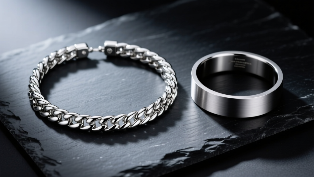 Flat lay of a 950 platinum tennis bracelet and titanium band on dark slate, illuminated by soft directional studio lighting.