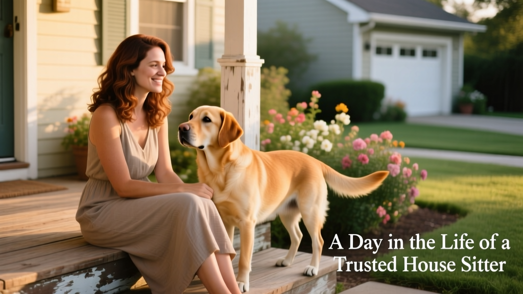 A smiling woman named Shira sitting on porch steps with a golden-brown dog named Cody eagerly waiting beside her