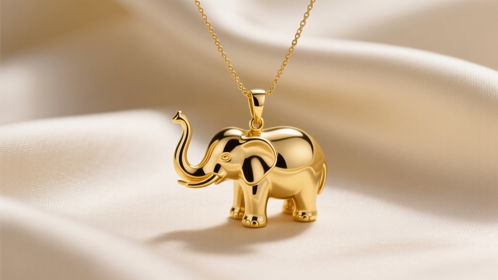 Minimalist 14k solid gold elephant pendant with raised trunk on a delicate cable chain against a soft cream silk fabric background.