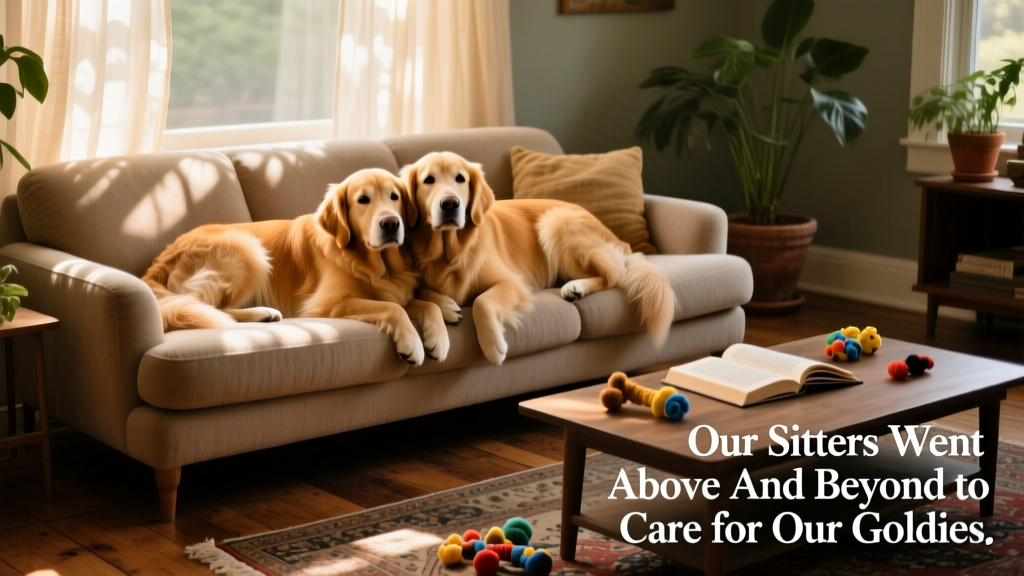 Two Golden Retrievers relaxing together in a cozy living room