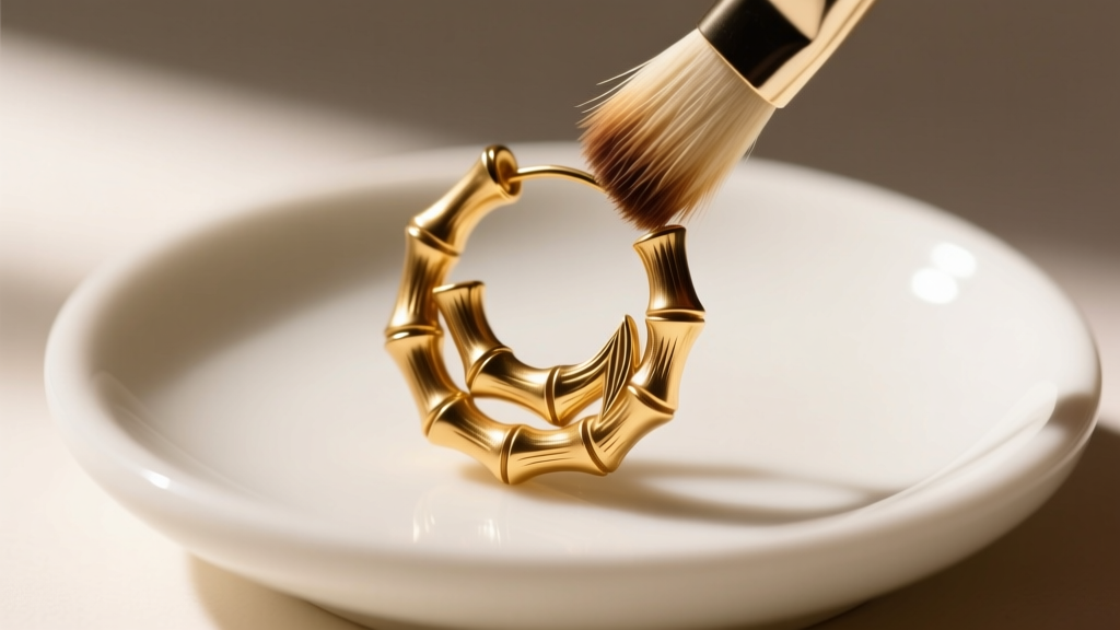 Soft-bristled brush gently cleaning the intricate grooves of a textured gold bamboo earring over a ceramic jewelry dish.