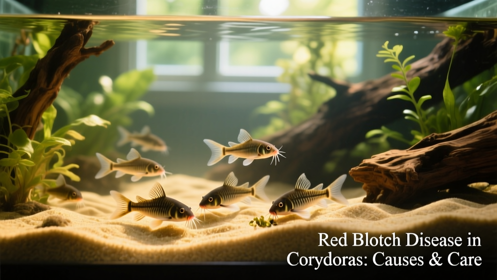 Aquarium setup featuring soft sand substrate, gentle water flow, and several Corydoras catfish foraging peacefully near plants and driftwood