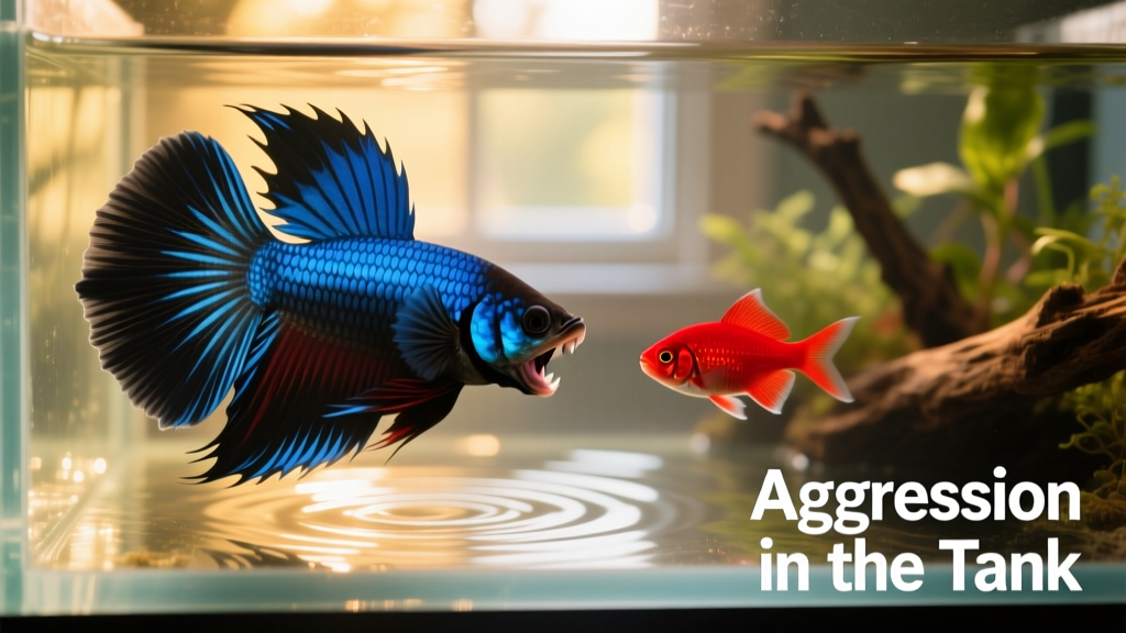 Close-up of a male betta flaring at a red-colored tetra in the same tank