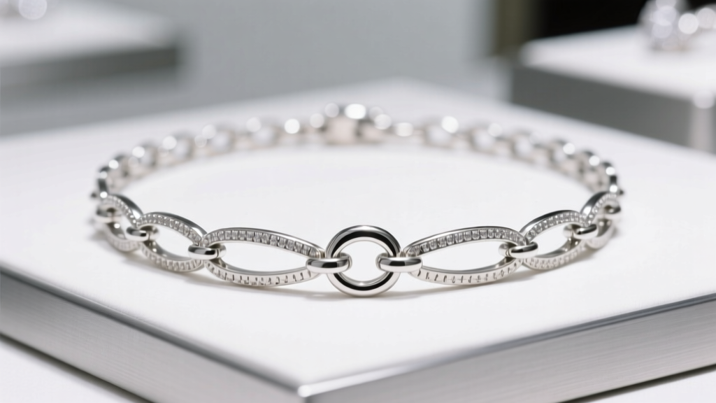 Silver triple crown necklace with three strands showing micro-abrasion on links, captured under bright jeweler's loupe lighting.
