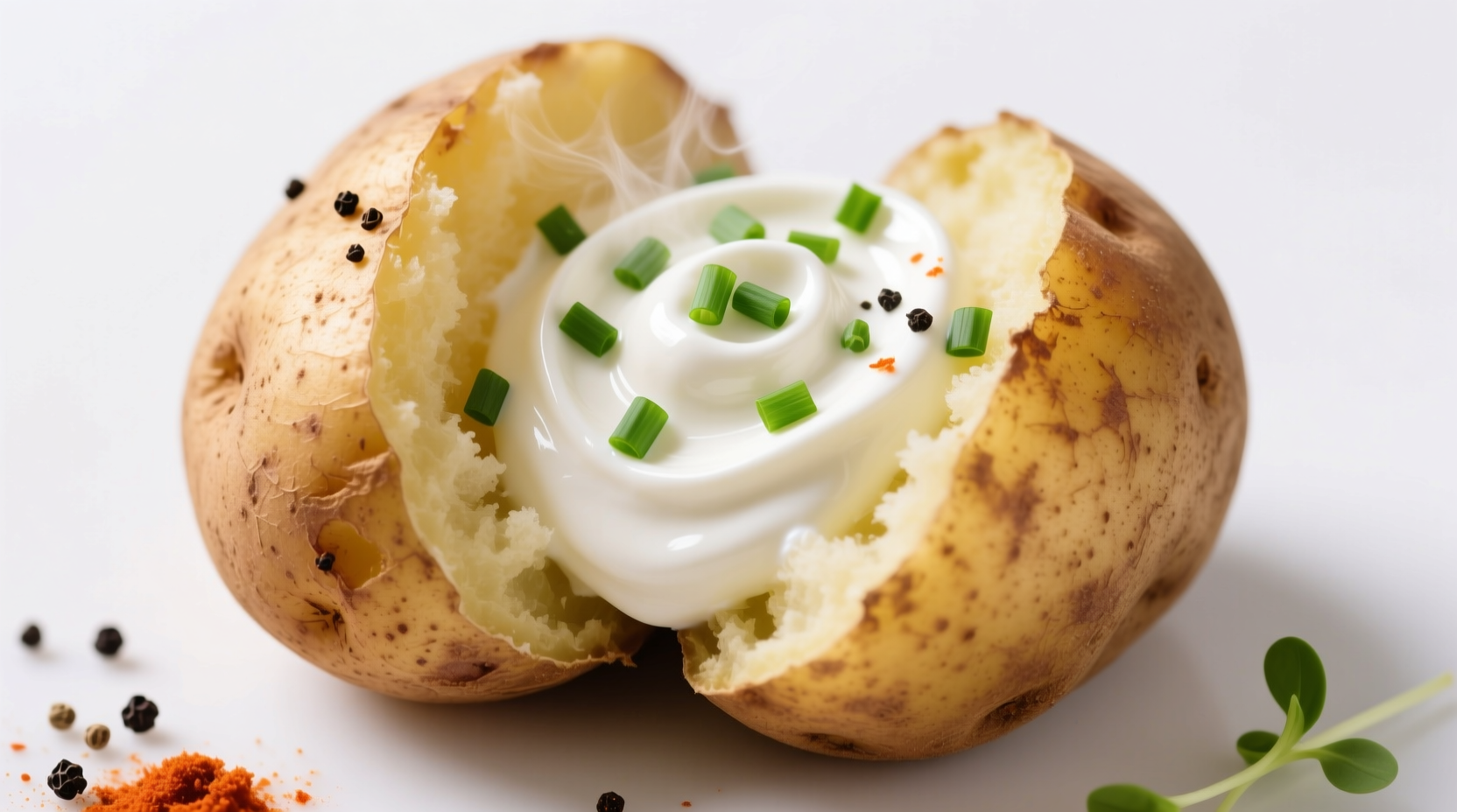 Baked potato with healthy toppings like Greek yogurt and chives