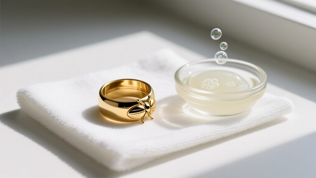 Flat lay of a gold bugadi ear cuff beside a microfiber cloth and mild soap solution, demonstrating proper jewelry cleaning