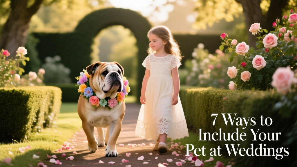 A bulldog wearing a fresh floral collar, walking calmly beside a young girl in a lace dress down a garden path