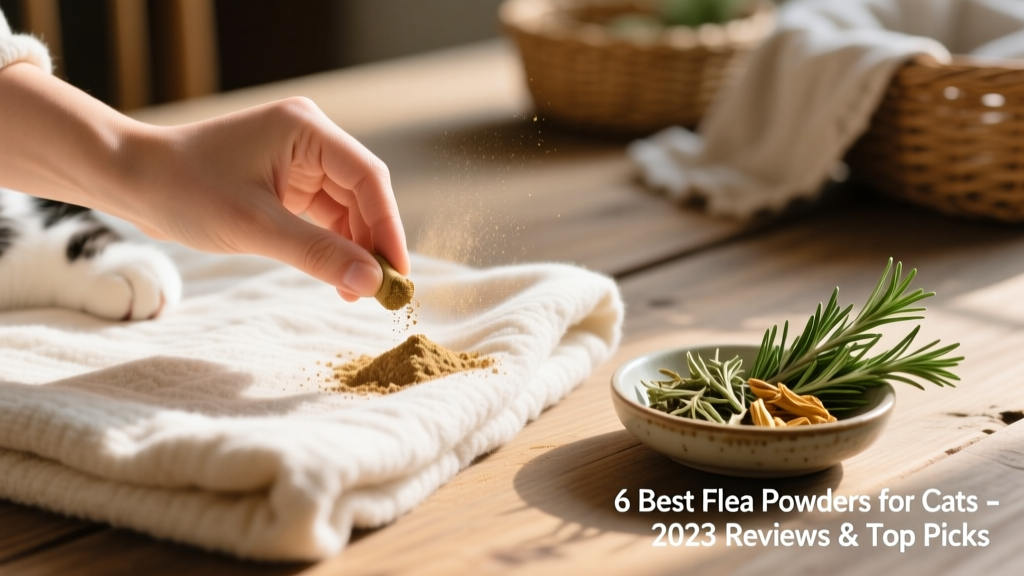 A hand applying fine herbal flea powder evenly onto a folded cat blanket, with a small dish of dried rosemary and lemongrass visible nearby