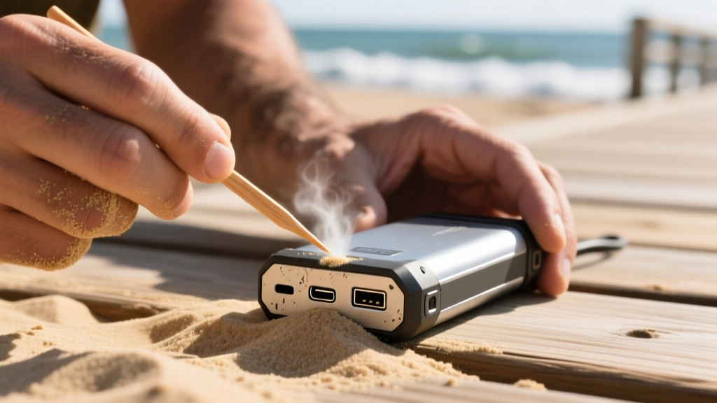 Hands using a wooden toothpick and compressed air to clean fine sand out of a rugged power bank USB-C port on a sunny boardwalk