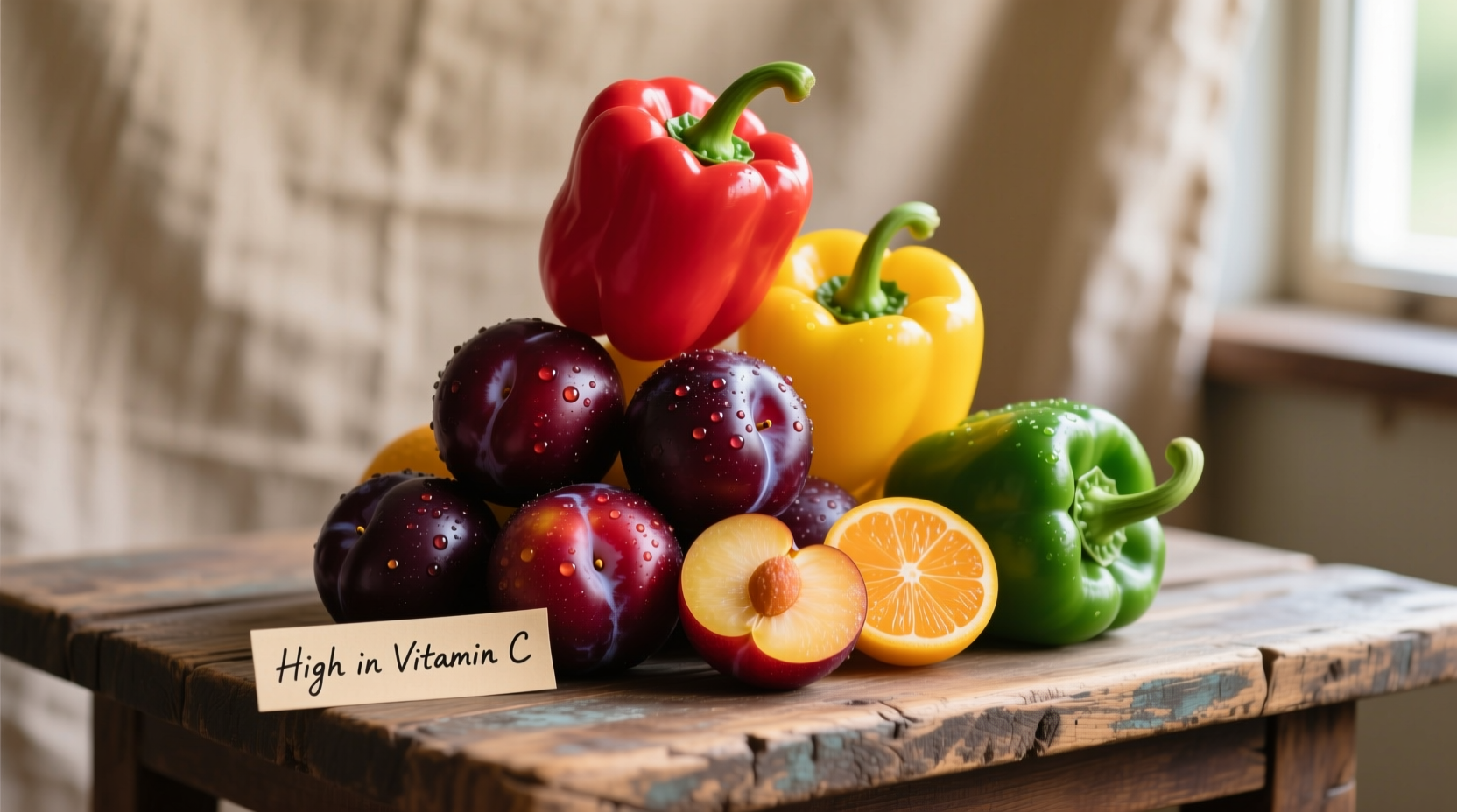 Colorful display of vitamin C rich foods including kakadu plums and bell peppers