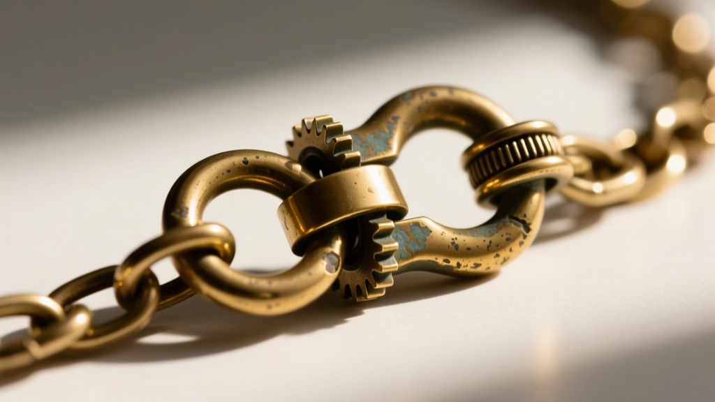 Close-up of a heavy brass lobster clasp on a 1.5mm rolo chain, showing the secure locking mechanism and antique metal texture.