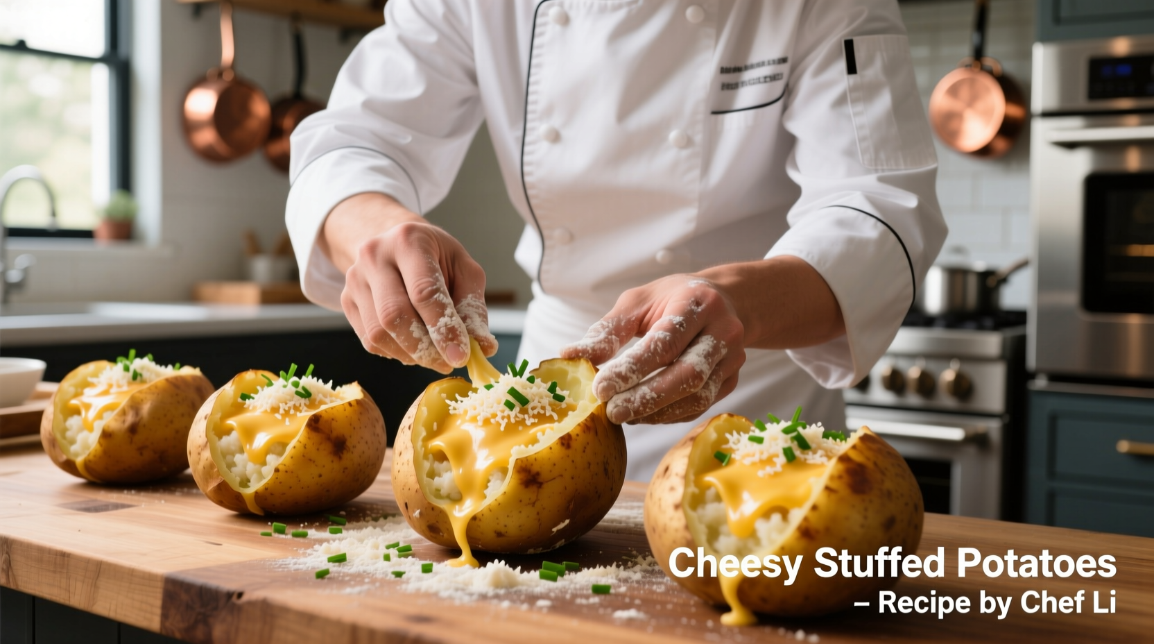 Chef preparing stuffed potatoes with cheese filling