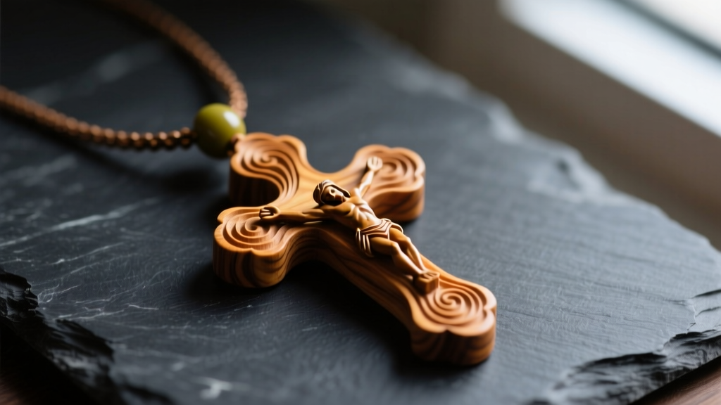 Macro shot of a hand-carved olive wood crucifix necklace pendant on dark slate, highlighting the tight, swirling natural wood grain.