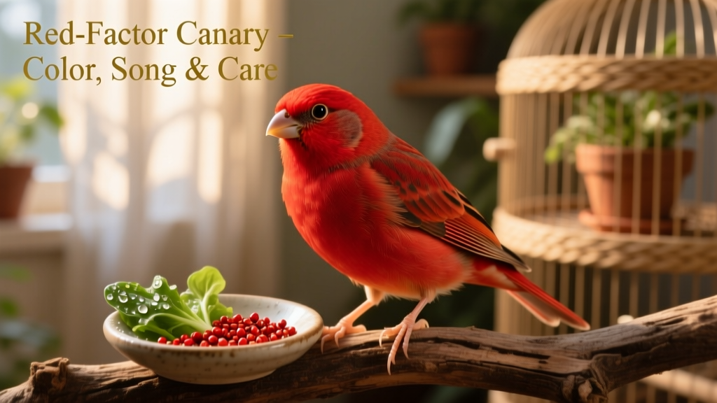Close-up of a red-factor canary with rich, even plumage, perched beside a small dish of red pepper flakes and fresh greens