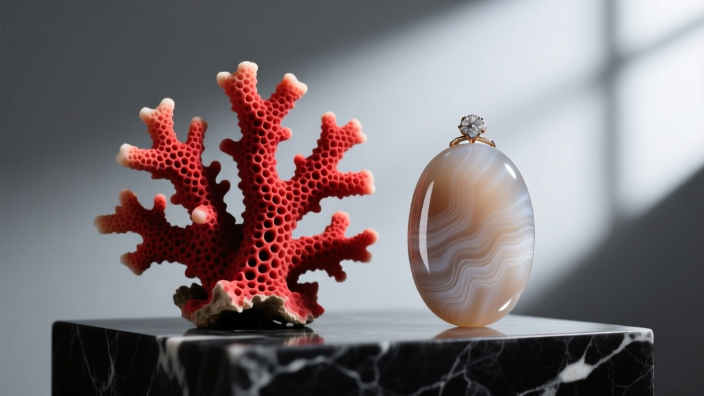 Macro shot comparing genuine porous red coral texture against smooth dyed howlite under a harsh directional jeweler's loupe light.