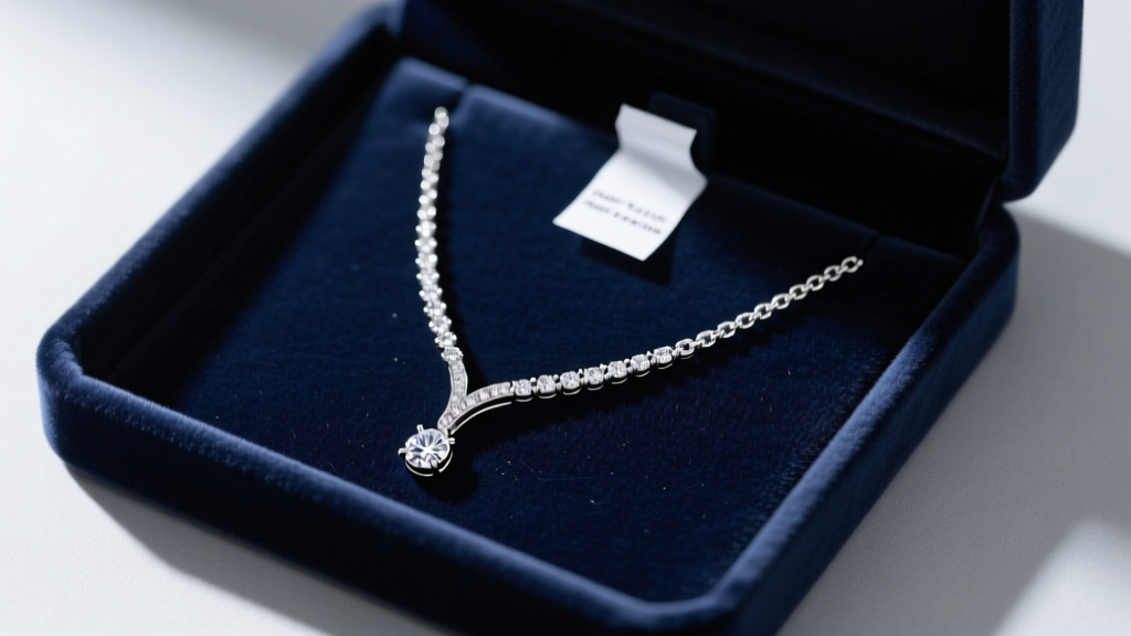 A diamond lariat necklace laid flat in a velvet box, the delicate Y-drop chain secured next to a small anti-tarnish paper strip.