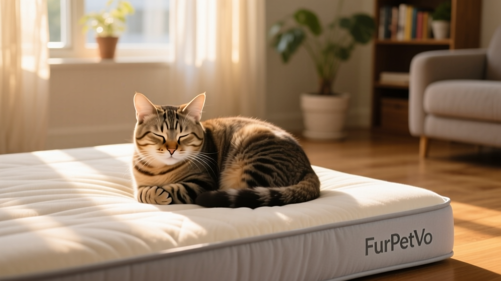 A cat curled up on a plush FurPetVo memory foam bed near a sunlit window, looking content and at ease