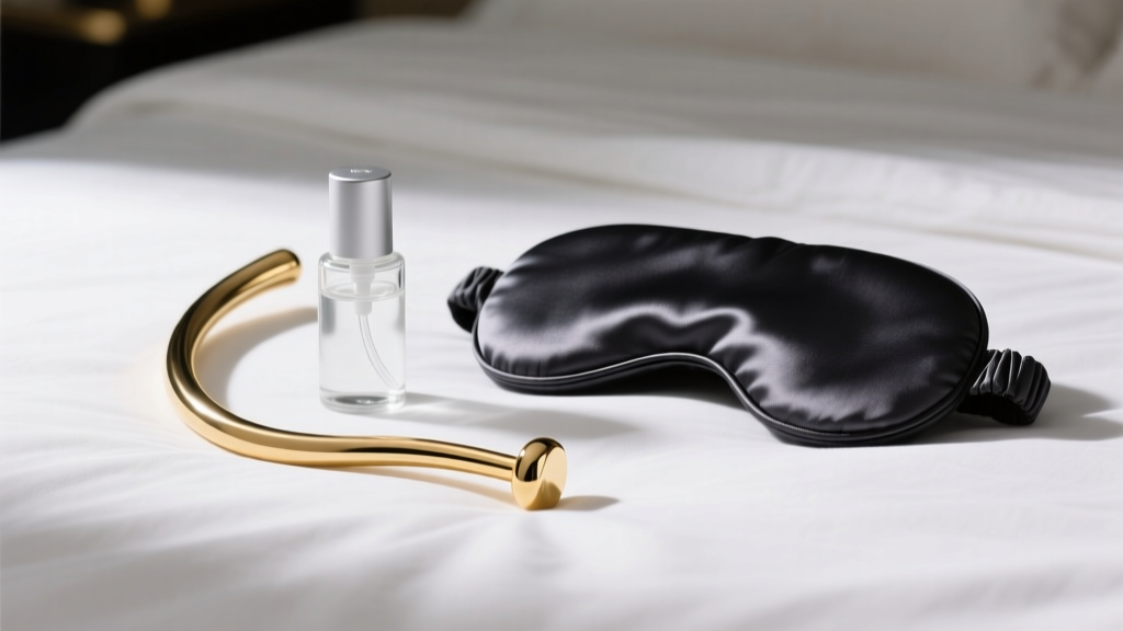 Wrapped intimate jewelry gift set featuring a premium gold curved barbell, sterile saline spray, and a silk sleep mask on a bed
