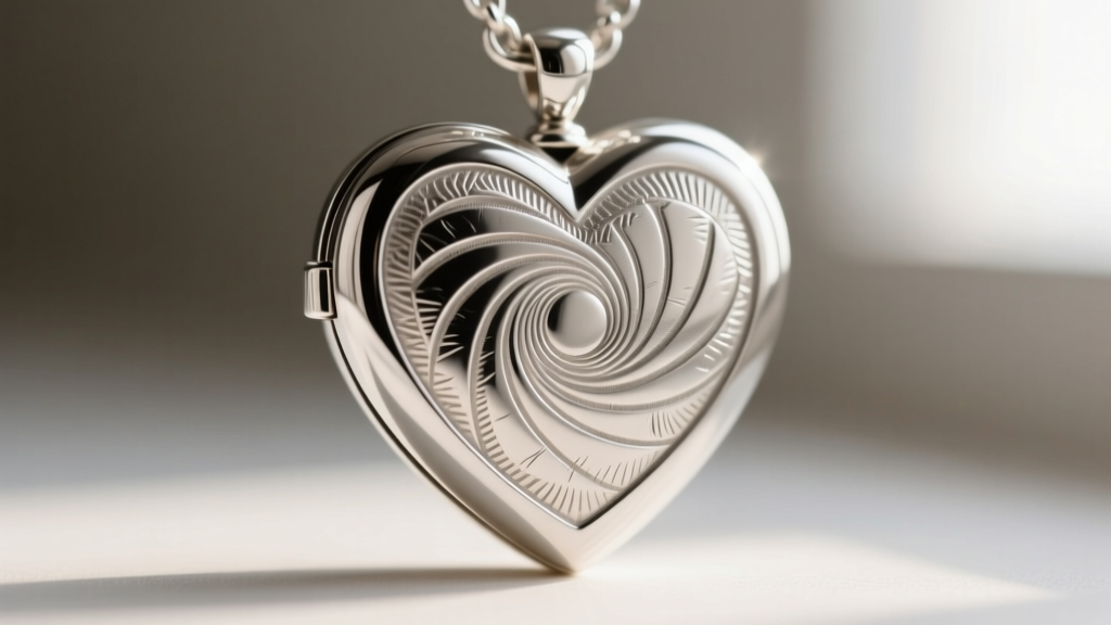 Macro of deep rotary engraving on a sterling silver heart locket, showing precise cut depth and subtle tool marks inside the metal.